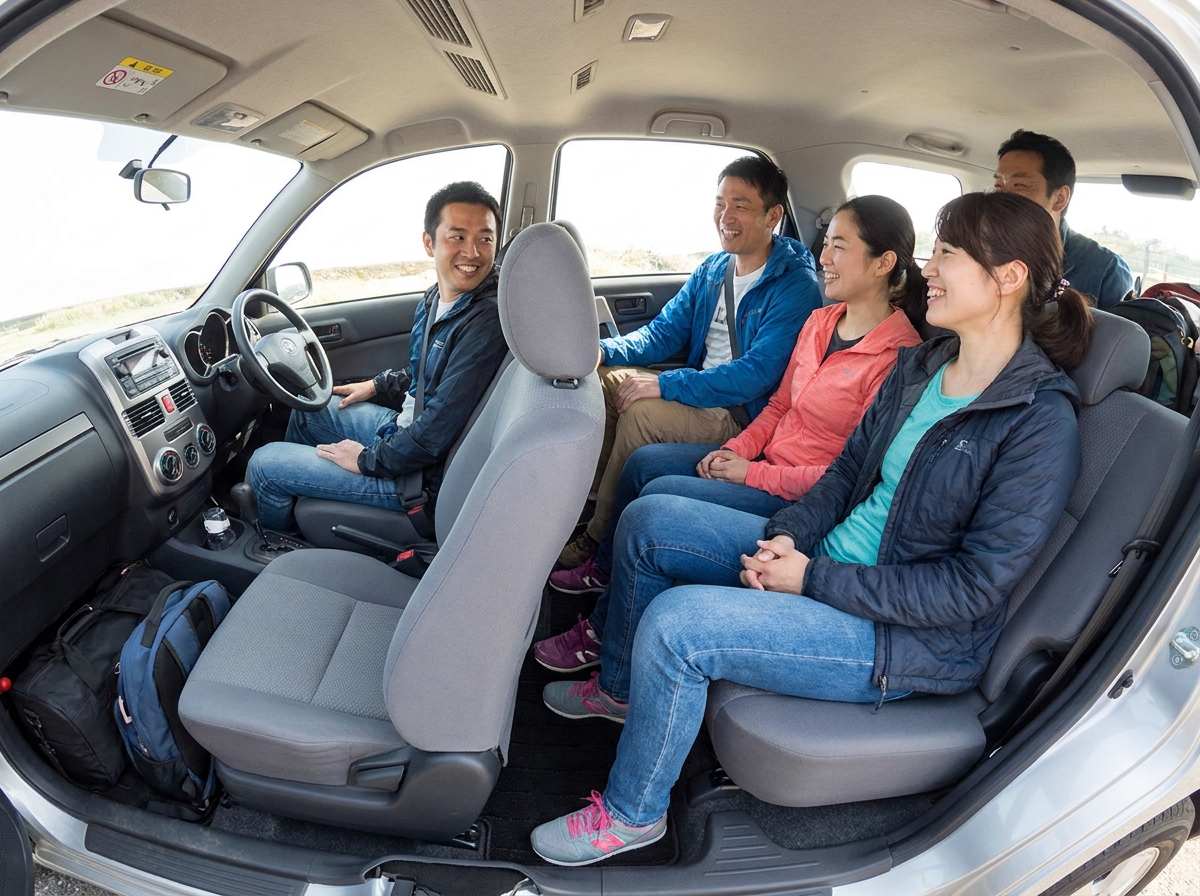 6 adults seated inside Toyota Rush MPV cabin