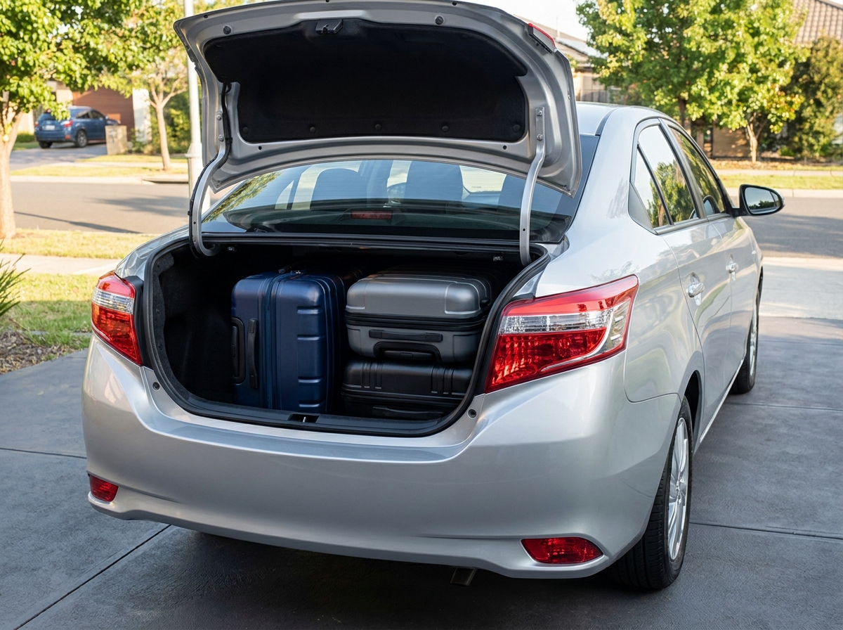 Toyota Vios boot with 3 suitcases